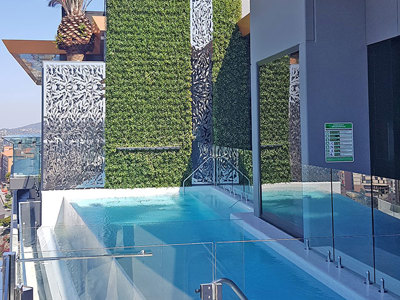 Artificial Green Wall above Penthouse Pool- tricky install!